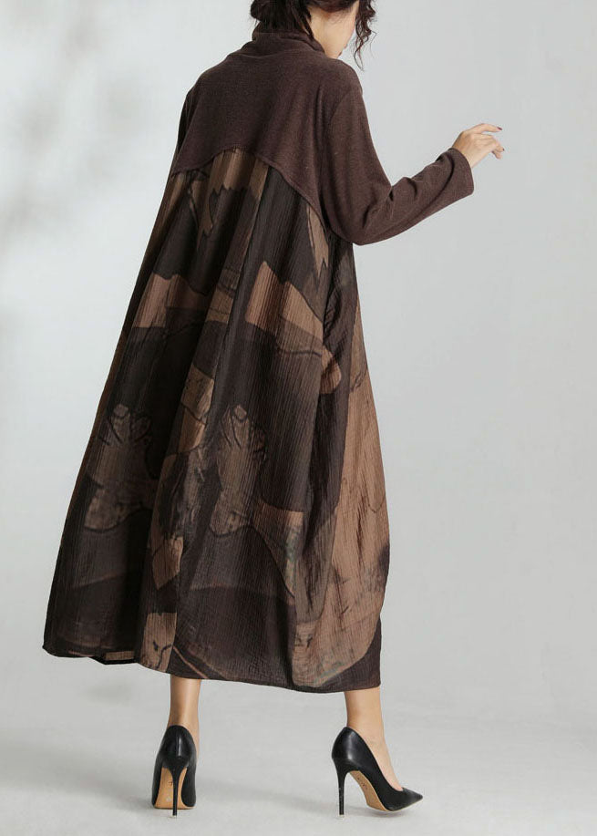 Modern Chocolate Turtle Neck Patchwork Silk Robe Dresses Spring