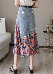 Modern Colorblock Asymmetrical Denim Patchwork Chiffon Skirts Spring