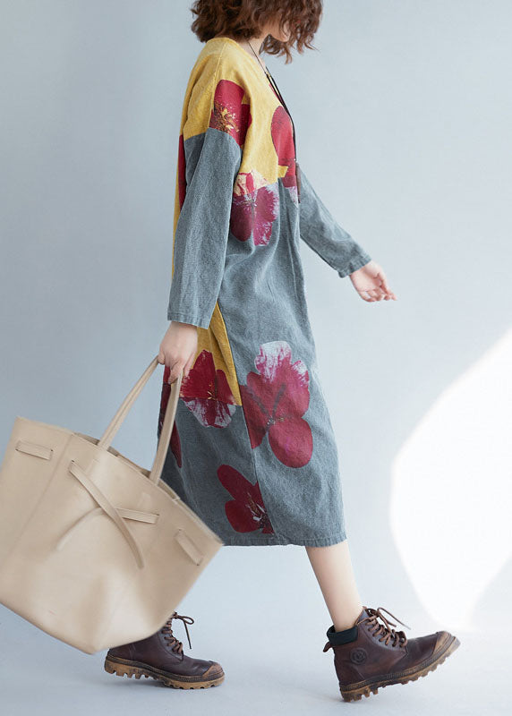 Modern Colorblock O-Neck Oversized Patchwork Print Cotton Long Dress Spring