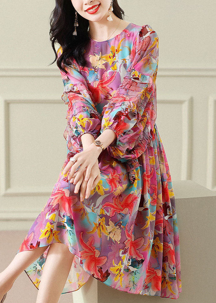 Modern Colorblock O Neck Wrinkled Patchwork Print Chiffon Dress Spring