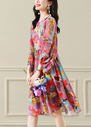 Modern Colorblock O Neck Wrinkled Patchwork Print Chiffon Dress Spring