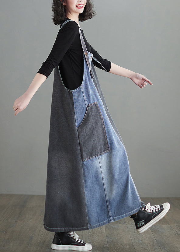 Modern Colorblock Oversized Patchwork Pockets Denim Strap Dress Summer