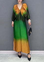 Modern Colorblock V Neck Wrinkled Print Silk Dresses Spring