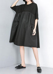 Modern Cotton dresses Fun Summer Patchwork Pleated Loose Fashion Dress - SooLinen