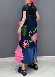 Modern Dark Blue Patchwork Pink Tulle Patchwork Floral Maxi Dresses Sleeveless