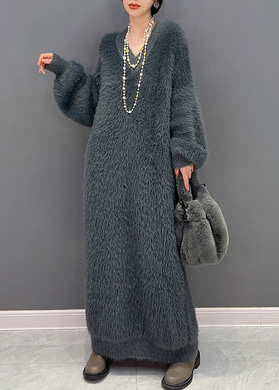 Modern Dark Gray V Neck Mink Velvet Knit Ankle Dress Winter