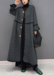 Modern Dark Grey V Neck Patchwork Fine Cotton Filled Loose Coat Winter