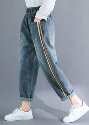 Modern Deinm Blue Pockets Striped Patchwork Elastic Waist Harem Pants Fall