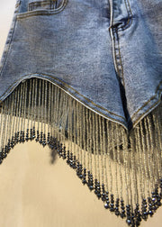 Moderne Denim-Shorts aus blauer Baumwolle mit Diamanten und Quaste