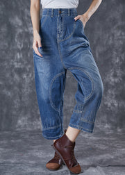 Modern Denim Blue Elastic Waist Pockets Cotton Harem Pants Fall