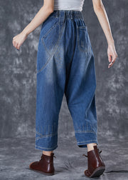 Modern Denim Blue Elastic Waist Pockets Cotton Harem Pants Fall