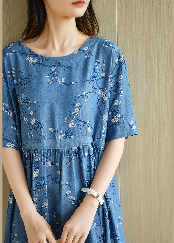 Modern Denim Blue O-Neck Print Summer Cotton Dress Short Sleeve - SooLinen