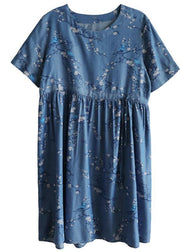 Modern Denim Blue O-Neck Print Summer Cotton Dress Short Sleeve - SooLinen