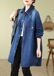 Modern Denim Blue Oversized Pockets Cotton Coat Spring