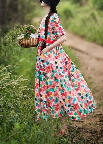 Modern Dotted Clothes Women O Neck Exra Large Hem Robes Summer Dress - SooLinen