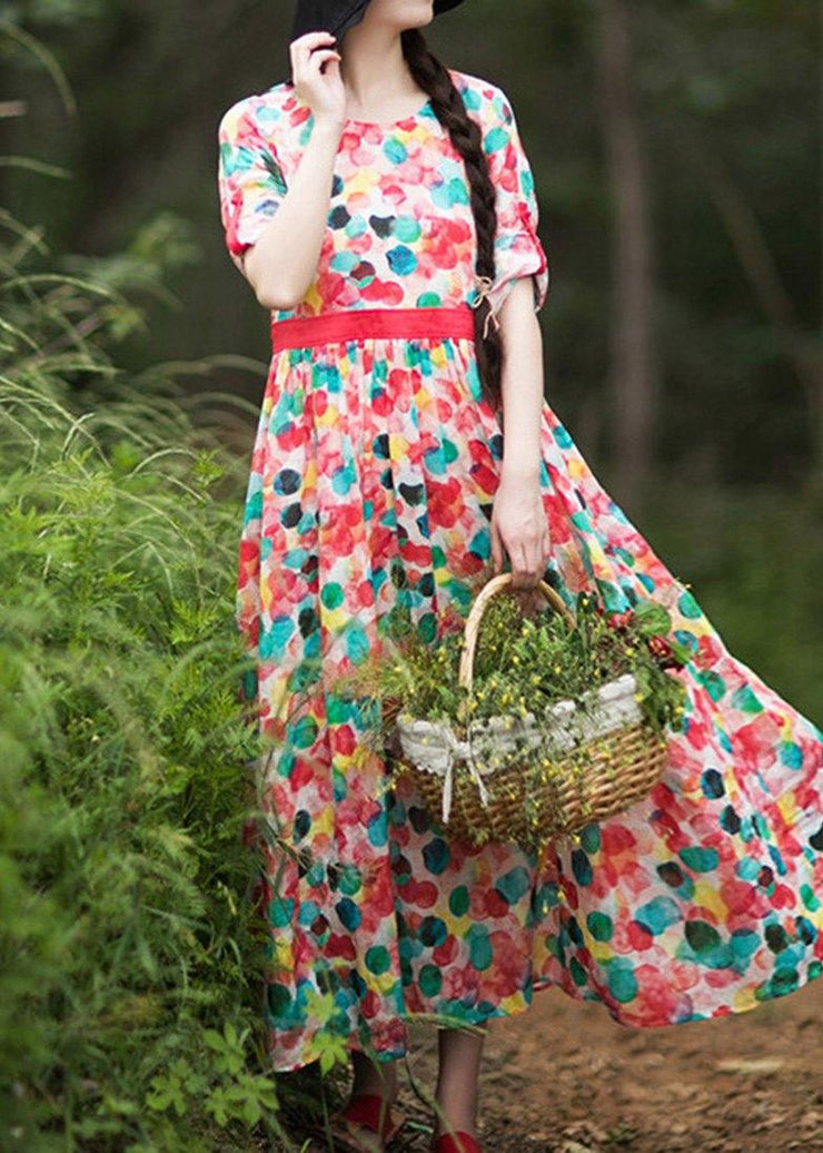 Modern Dotted Clothes Women O Neck Exra Large Hem Robes Summer Dress - SooLinen