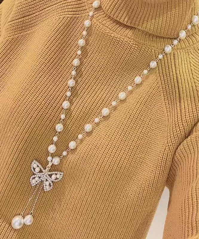 Modern Gold Alloy Pearl Zircon Butterfly Tassel Pendant Necklace