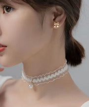Modern Gold Alloy Zircon Pearl Bow Stud Earrings