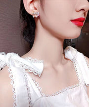 Modern Gold Alloy Zircon Pearl Bow Stud Earrings