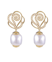 Modern Gold Alloy Zircon Pearl Hollowed Out Rose Drop Earrings