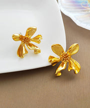 Modern Gold Copper Asymmetrical Floral Stud Earrings