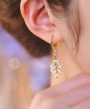 Modern Gold Copper Overgild Zircon Leaf Drop Earrings