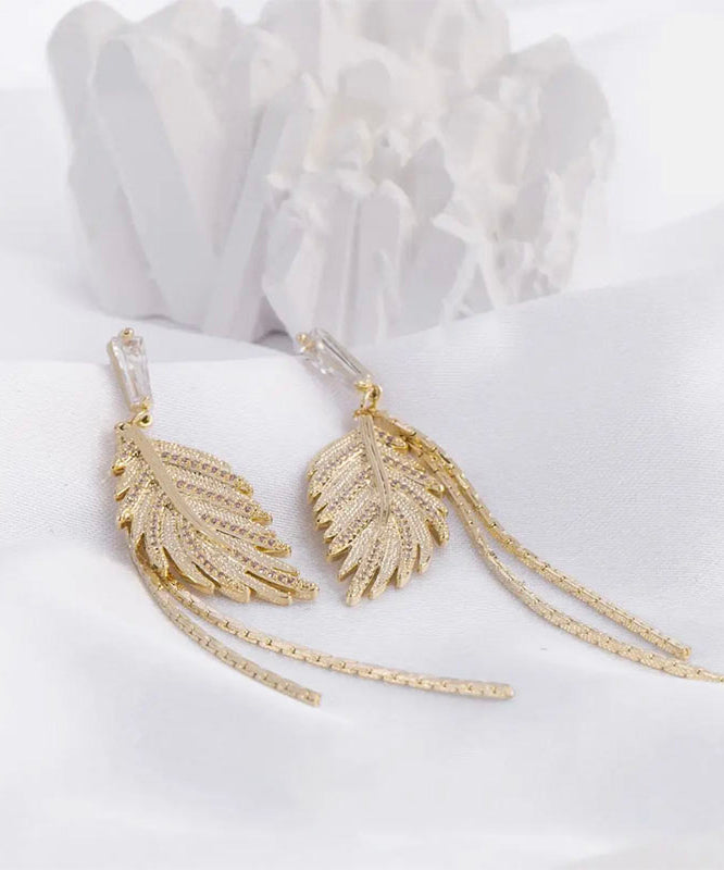 Modern Gold Sterling Silver Overgild Zircon Leaf Tassel Drop Earrings