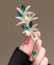Modern Green Alloy Crystal Jade Bamboo Leaf Tassel Hairpin