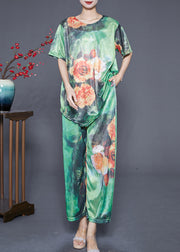 Modern Green Asymmetrical Floral Silk Women Sets 2 Pieces Summer