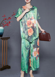 Modern Green Asymmetrical Floral Silk Women Sets 2 Pieces Summer