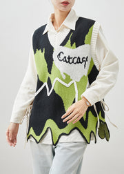 Modern Green Asymmetrical Patchwork Knit Vests Spring