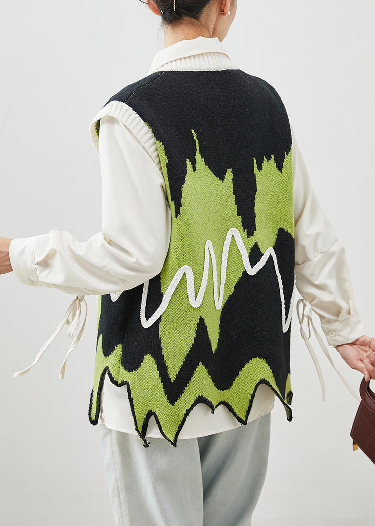 Modern Green Asymmetrical Patchwork Knit Vests Spring