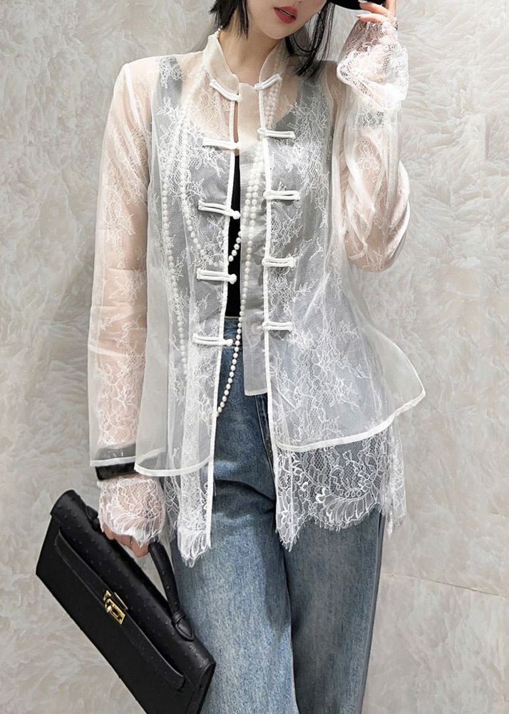Modern Green Chinese Button Lace Patchwork Tulle Shirt Tops Fall