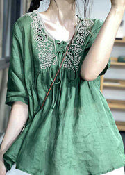 Modern Green Cinched Hollow Out Linen Shirts Half Sleeve