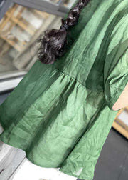 Modern Green Cinched Hollow Out Linen Shirts Half Sleeve