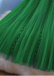 Modern Green Elastic Waist Nail Bead Tulle Pleated Skirts Spring