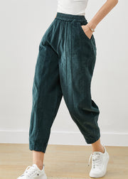 Modern Green Elastic Waist Patchwork Corduroy Crop Pants Winter