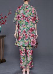 Modern Green Floral Print Chinese Button Linen Two Pieces Set Summer