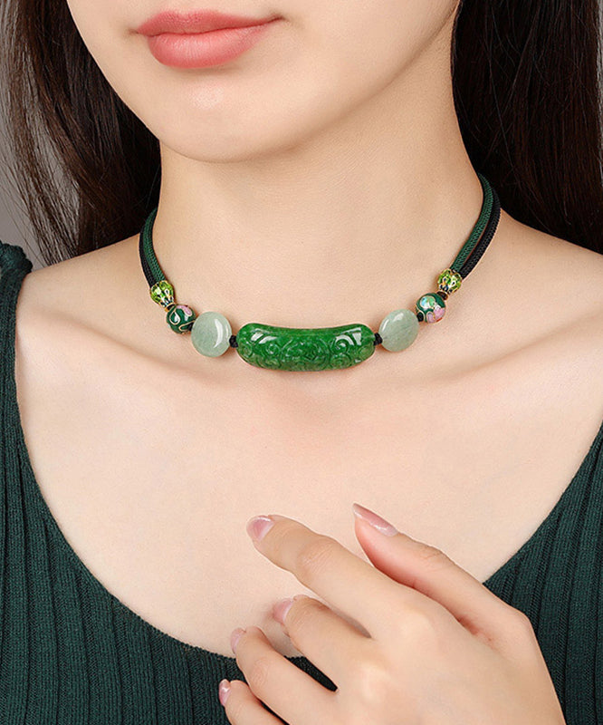 Modern Green Jade Cloisonne Dry Green Necklace