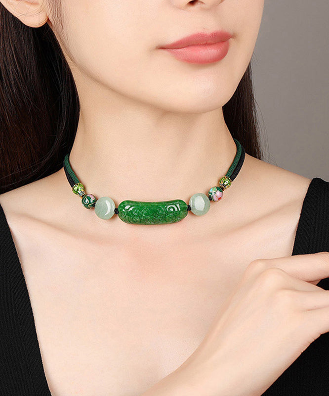 Modern Green Jade Cloisonne Dry Green Necklace