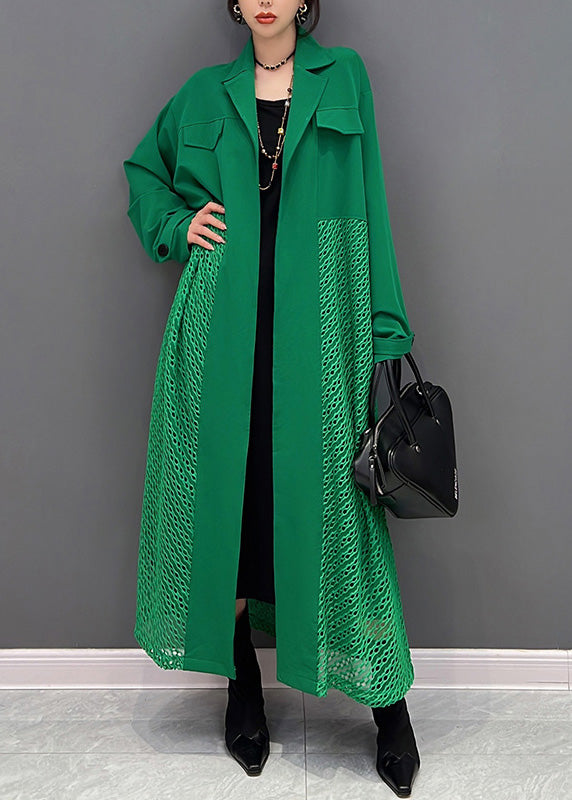 Modern Green Notched Maxi Trench Coats Spring