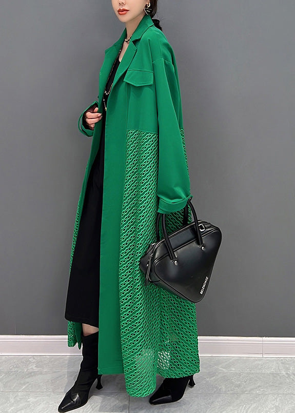 Modern Green Notched Maxi Trench Coats Spring