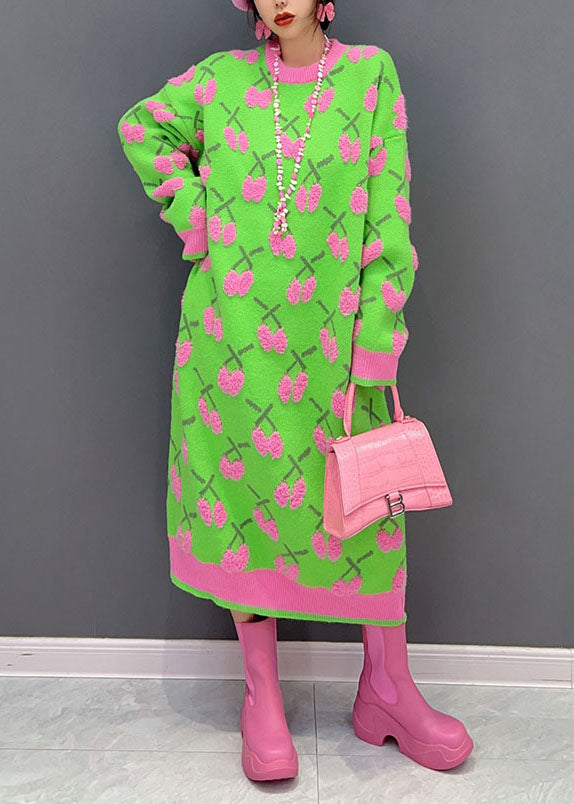 Modern Green O Neck Jacquard Thick Long Knit Dress Winter