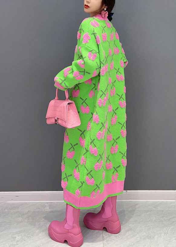 Modern Green O Neck Jacquard Thick Long Knit Dress Winter