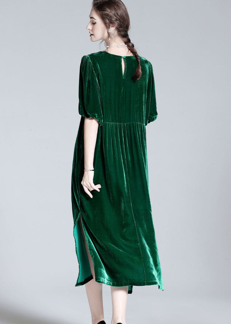 Modern Green O Neck Patchwork Side Open Silk Velour Dresses Summer