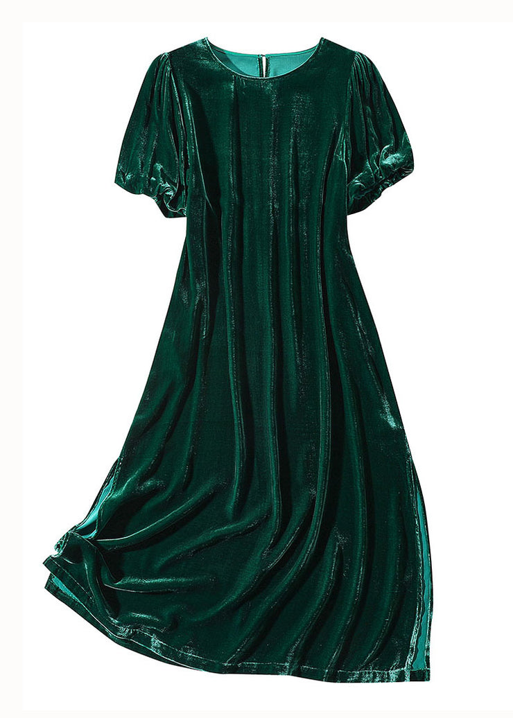 Modern Green O Neck Patchwork Side Open Silk Velour Dresses Summer
