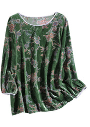 Modern Green O-Neck Patchwork Velour Shirt Top Spring