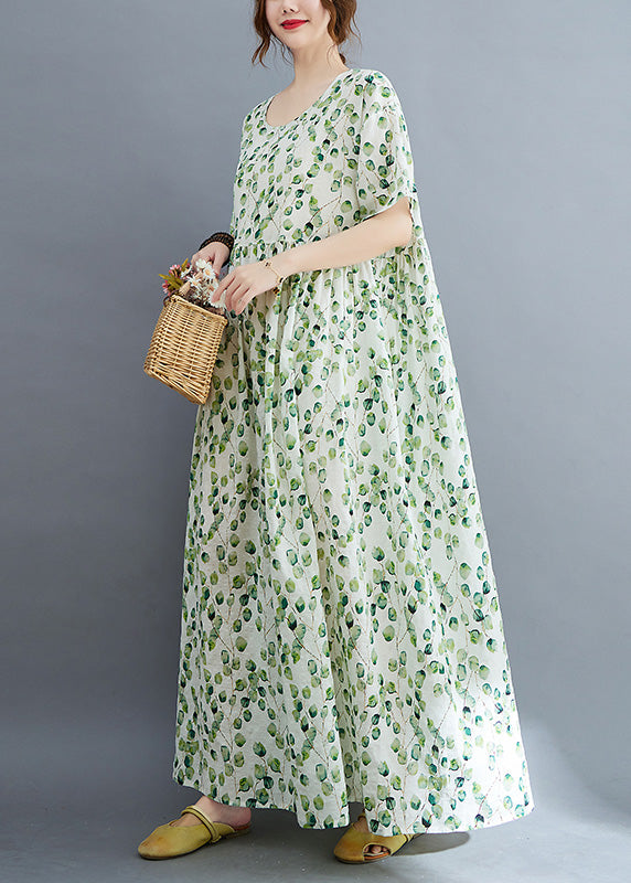Modern Green O-Neck Print Wrinkled Holiday Maxi Dress Summer