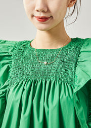 Modern Green O-Neck Wrinkled Patchwork Ruffles Cotton Tops Sleeveless