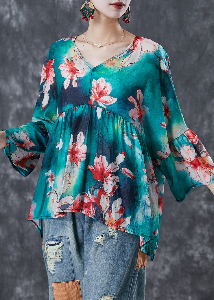 Modern Green Oversized Floral Print Cotton Tops Fall